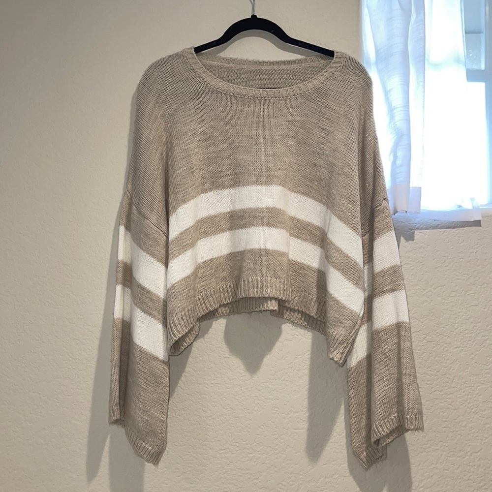 Tan Striped Sweater with Flared Sleeves